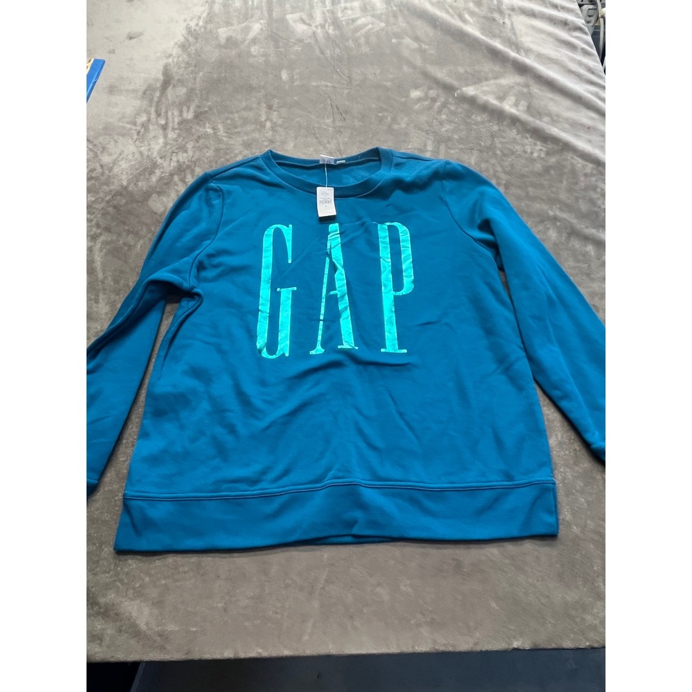Gap Womens Teal Blue Metallic Logo Fleece Crewneck Sweatshirt Medium NWT